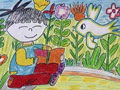 儿童绘画作品在花丛里阅读