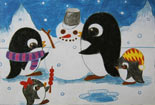 堆雪人的小企鹅儿童画作品欣赏