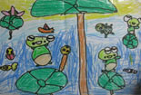 儿童彩色铅笔画-雨后池塘蛙声一片