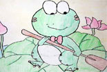 儿童画作品欣赏动物铅笔画-划着荷叶船的青蛙