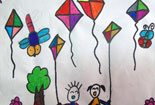 彩色铅笔画春天的图片-放风筝的季节