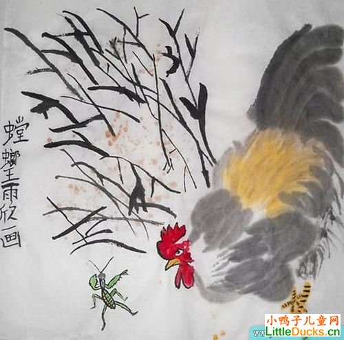 小学生国画作品公鸡和螳螂