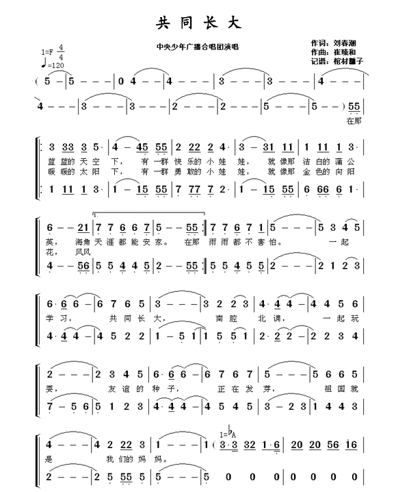 少儿歌曲共同长大的mp3原唱、伴奏、歌词及简谱